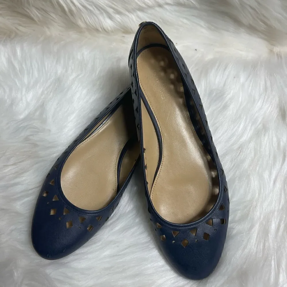 Michael Kors leather Navy blue laser cut slip on flats round toe size 7